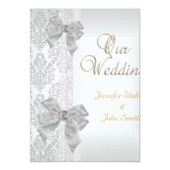 Small Elegant Wedding Damask Silver White Bow Set Front View
