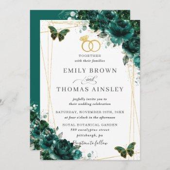 elegant wedding emerald green floral butterflies invitation