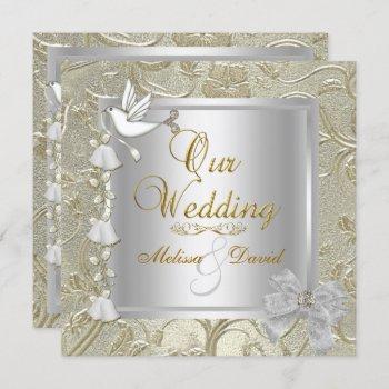 Small Elegant Wedding Gold Silver White Dove Front View