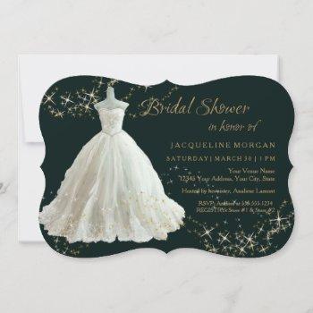 elegant wedding gown gold sparkle bridal shower in invitation