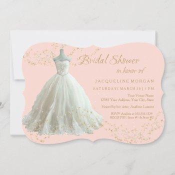 elegant wedding gown gold sparkle bridal shower invitation