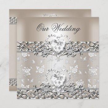 elegant wedding silver cream diamond heart invitation