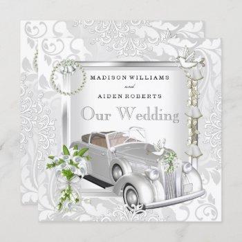 elegant wedding white gold vintage car damask 2 invitation