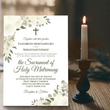 elegant white boho roses modern catholic wedding invitation