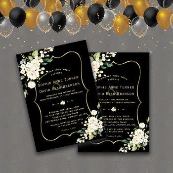 elegant white flowers gold frame black wedding invitation