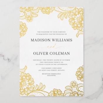 elegant white + gold foil lace wedding real foil invitation