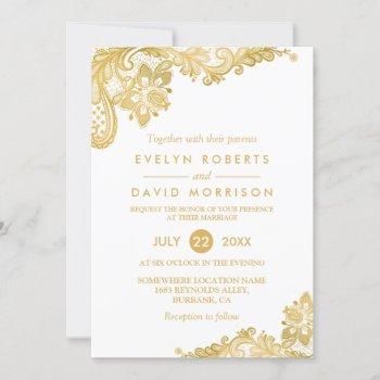 elegant white gold lace pattern formal wedding invitation