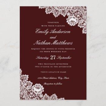 elegant white lace burgundy wedding invitation