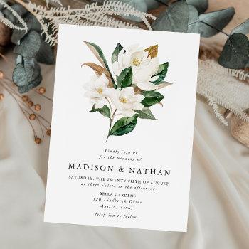 elegant white magnolias and greenery wedding invitation
