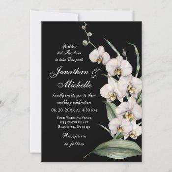elegant white orchids on black christian wedding invitation
