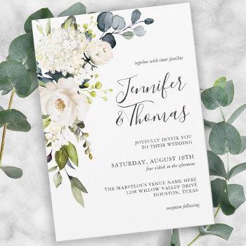 elegant white roses and hydrangeas floral wedding invitation