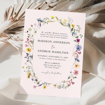 elegant wildflower meadow blush pink wedding invitation