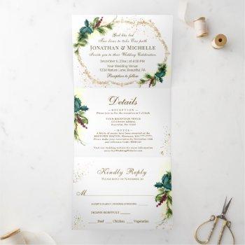 elegant winter christmas greenery wedding tri-fold invitation