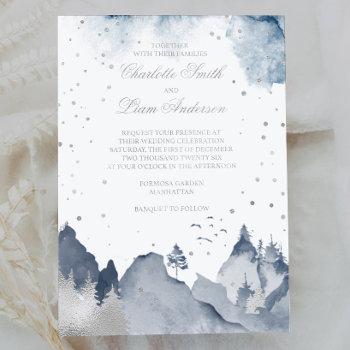 elegant winter mountain forest wedding silver foil foil invitation