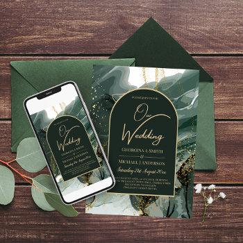 emerald gold marbled printed or digital wedding invitation