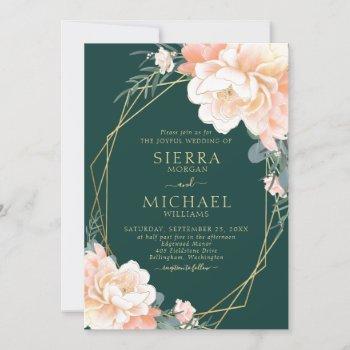 emerald green blush gold peach floral wedding invitation
