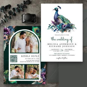 emerald green floral peacock photo qr code wedding invitation