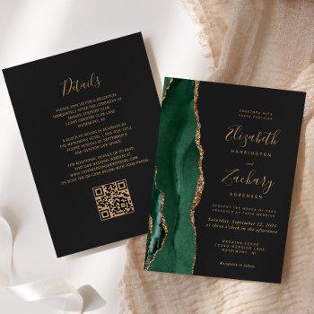 emerald green gold agate slate qr code wedding invitation