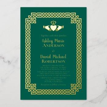 emerald green gold foil celtic claddagh wedding foil invitation