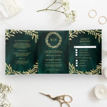 emerald green gold leaf branch all in one wedding tri-fold invitation