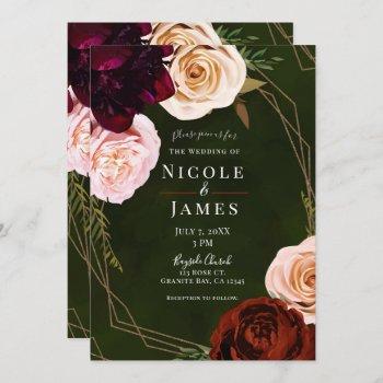 emerald green & gold modern dark floral wedding invitation
