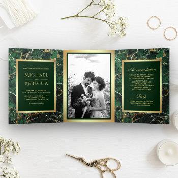 Small Emerald Green Marble Faux Gold Foil Photo Wedding Tri-fold Front View