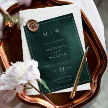 emerald green monogram & border elegant wedding invitation