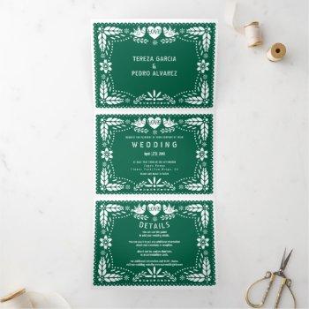 emerald green papel picado love birds wedding tri-fold invitation