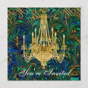 emerald green royal blue gold chandelier party invitation