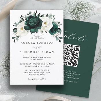 emerald greenery eucalyptus white floral wedding   invitation