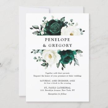 emerald greenery eucalyptus white floral wedding invitation