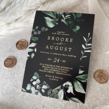 emerald greenery | gold foil black casual wedding foil invitation