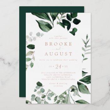 emerald greenery rose gold foil all in one wedding foil invitation