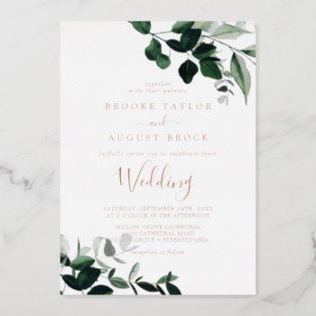 emerald greenery | rose gold foil wedding foil invitation