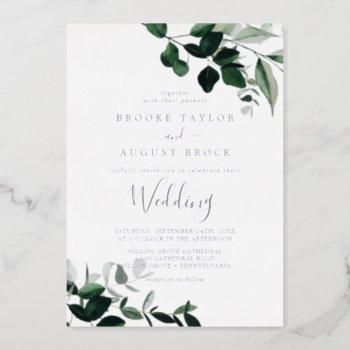emerald greenery | silver foil wedding foil invitation