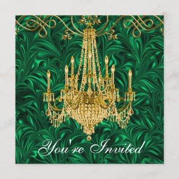 emerald kelly green gold chandelier party invitation