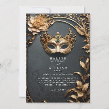 enchanted black and gold masquerade wedding invitation