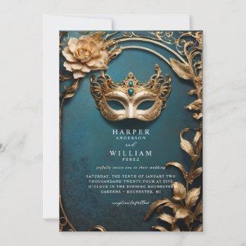 enchanted blue and gold masquerade wedding invitation