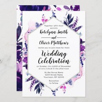 enchanted floral violet watercolor hexagon wedding invitation