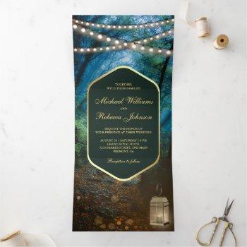 enchanted forest string lights lantern wedding tri-fold invitation