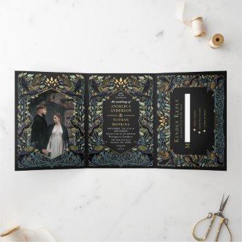Small Enchanted Gothic Raven Floral Wedding Tri-fold Front View