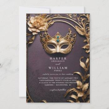 enchanted purple and gold masquerade wedding invitation