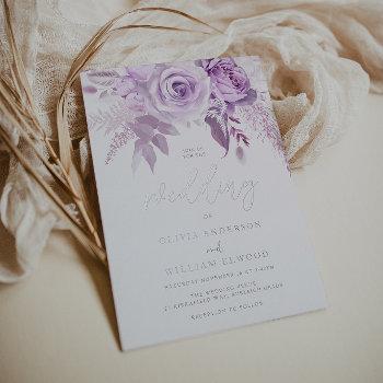 enchanted purple roses elegant wedding silver foil invitation