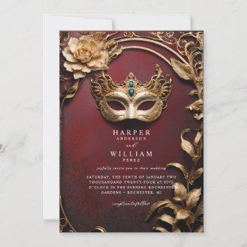 enchanted red and gold masquerade wedding invitation