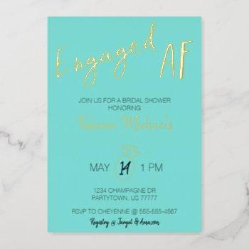 engaged af gold metallic & blue bridal shower foil invitation