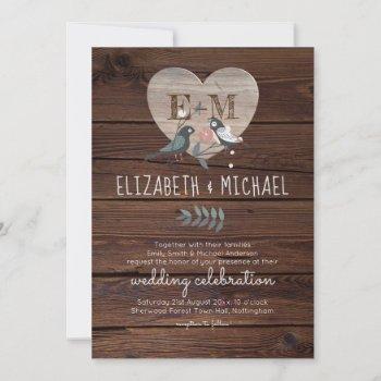engraved heart love birds rustic wood wedding invitation