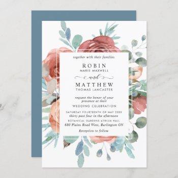 ethereal dusty blue,blush peach botanical wedding invitation