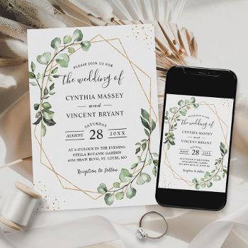 eucalyptus foliage gold geometric frame wedding in invitation