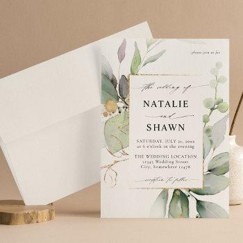 eucalyptus glow gold greenery wedding invitation