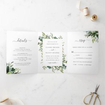 eucalyptus green foliage wedding photo  tri-fold invitation